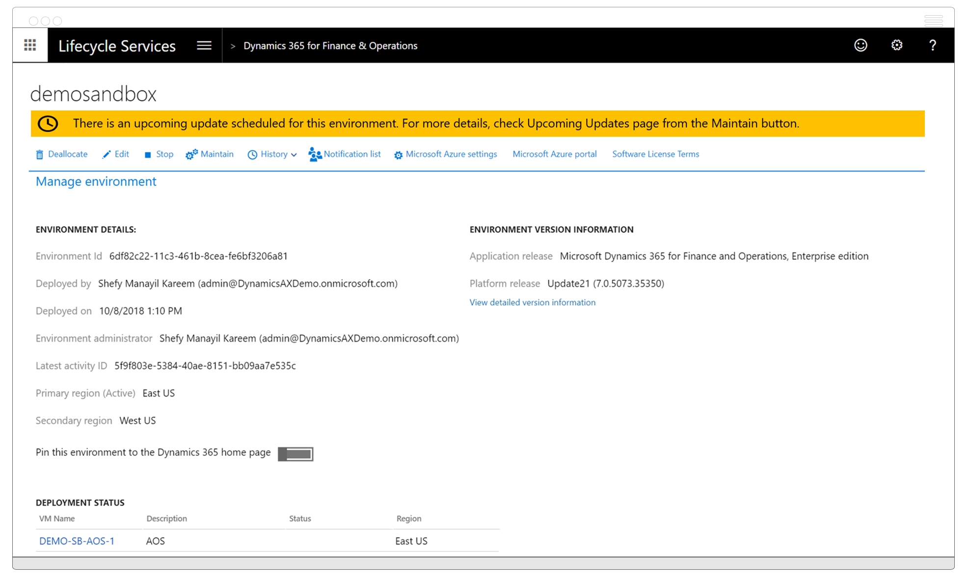 dynamics 365 update notification screenshot