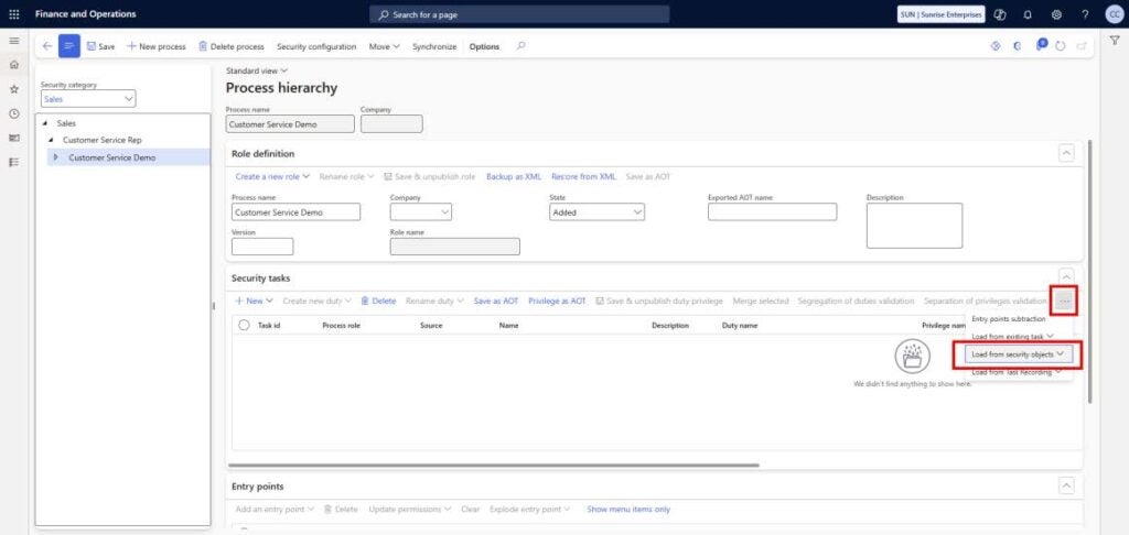 A screenshot of the Security governance workspace in Dynamics 365, showing the process hierarchy screen and how to import entry points from another role.