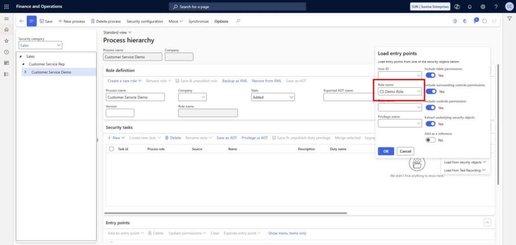 A screenshot of the Security governance workspace in Dynamics 365, showing the process hierarchy screen and how to import entry points from another role, part 2.