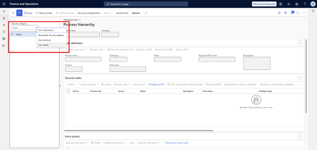 An alternative way to create security categories is captured in the screenshot: In the left side panel, under Security category, select Sales and right-click, then select View details. 