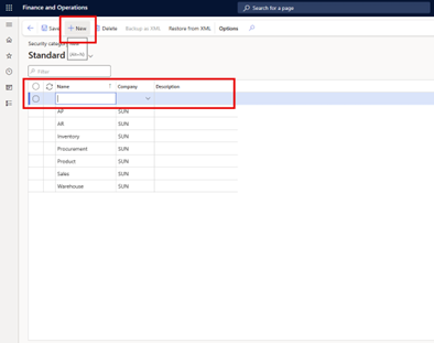 An alternative way to create security categories is captured in the screenshot: In the left side panel, under Security category, select Sales and right-click, then select View details, then click New.
