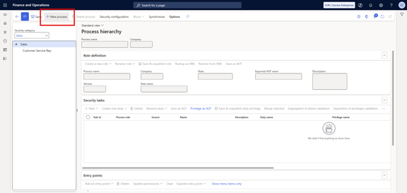 A screenshot of the Security governance workspace in Dynamics 365, showing the Process hierarchy creation screen.